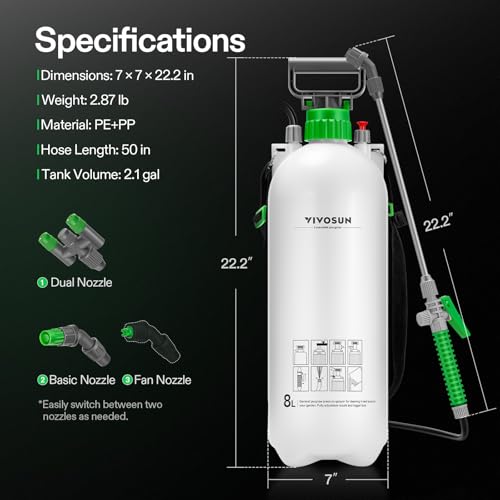 VIVOSUN 2.1 Gal/8L Pump Sprayer, Garden Water Sprayer | for Plants, Weeds & Lawn Care, with 3 Nozzles, 50'' Long Hose & Pressure Relief Valve - size: 2.1 gal