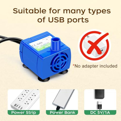 Cat Water Fountain Pump, Pet Water Fountain Pump Compatible Motor, DR-DC160 for Cat Drinking Fountain Cat Water Dispenser Replacement (Pump) | IP68Waterproof, Blue LED light, USB Port, Ultra-Quiet At Under 25 dB, Low Power Consumption Of 1.5 W
