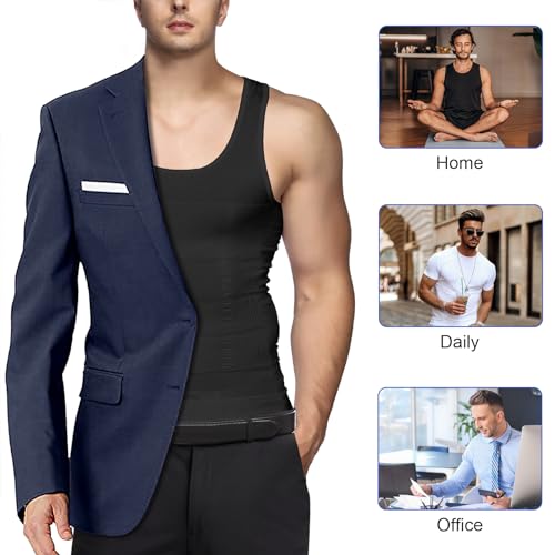 Odoland Men Compression Shirt 3 Pack Body Shaper Vest Tank Top | Nylon & Spandex, Moisture-wicking Tummy Shaper for Gym, Running, Daily, Breathable, Stretchy - color: Black/White/White, size: XX-Large