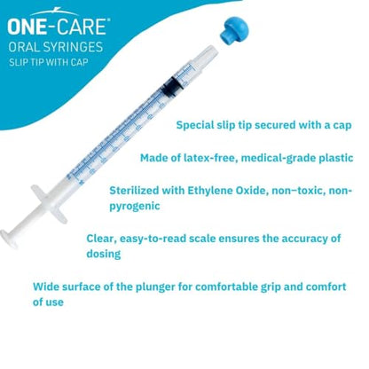 ONE-CARE 1ml Oral Syringe with Cap, Slip Tip Liquid Dispensers, 100/Box | Individually Wrapped, Food-Grade Plastic, Accurate Graduation for Precise Liquid Dosing, Oral Feed - Infants, Adults & Pets - size: 1ml