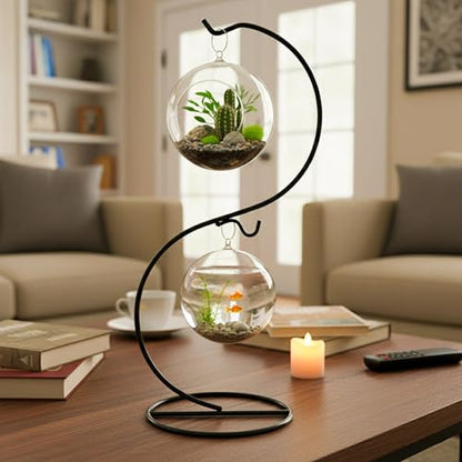 Ornament Display Stand Iron Pothook for Hanging Glass Globe Air Plant Terrarium Disco Witch Ball Christmas and Home Wedding Office Party Decoration Black Hanger Rack Hook Tree Flower Pot Holder