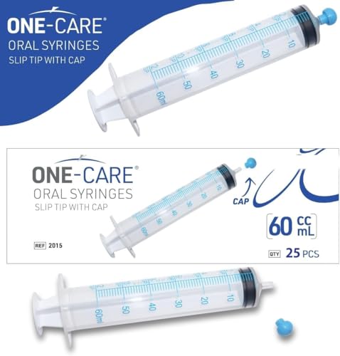 ONE-CARE 60ml Oral Syringe with Cap, Slip Tip Liquid Dispensers, 25/Box | Individually Wrapped, Food-Grade Plastic, Accurate Graduation for Precise Liquid Dosing, Oral Feed - Infants, Adults & Pets - size: 60ml