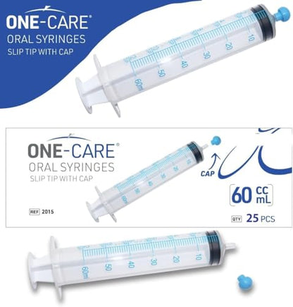 ONE-CARE 60ml Oral Syringe with Cap, Slip Tip Liquid Dispensers, 25/Box | Individually Wrapped, Food-Grade Plastic, Accurate Graduation for Precise Liquid Dosing, Oral Feed - Infants, Adults & Pets - size: 60ml
