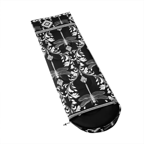 Erosebridal Longhorn Cow Skull Gothic Witchy Damask Sleeping Bag for Kids Camping Blanket for Hiking Travel Hunting Sleep Bag - color: Black and White Rustic Dragonfly