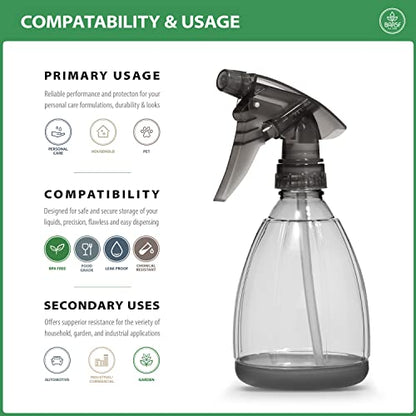 Bar5F Plastic Spray Bottle, 12 oz, Smoke Grey | Leak Proof, Empty, Trigger Handle, Adjustable Fine to Stream, Refillable
