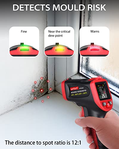 Infrared Surface Thermometer -58℉ to 1202℉, Dew Point/Mould Detector, Laser Temperature Humidity Gun, Hygrometer, Pyrometer with Thermocouple for Home, HVAC Black