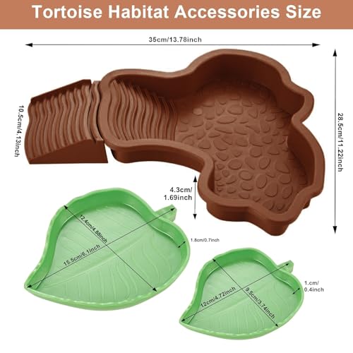 3 PCS Tortoise Water Dish Reptile Bathing Pool with Removable Ramp and Leaf Reptile Food Dish & Water Bowl Tortoise Habitat Accessories for Turtle, Gecko, Snake, Bearded Dragon, Lizard