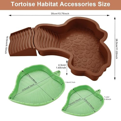 3 PCS Tortoise Water Dish Reptile Bathing Pool with Removable Ramp and Leaf Reptile Food Dish & Water Bowl Tortoise Habitat Accessories for Turtle, Gecko, Snake, Bearded Dragon, Lizard