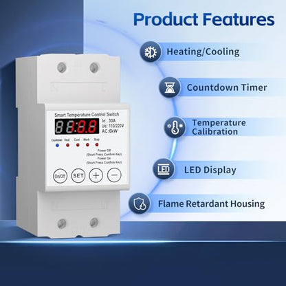 Smart Temperature Controller,63A 110/220V Digital Thermostat,LED Display,Heating and Cooling Control Timer,-40℉to 284℉,for Greenhouse,Reptile Incubator,Homebrew
