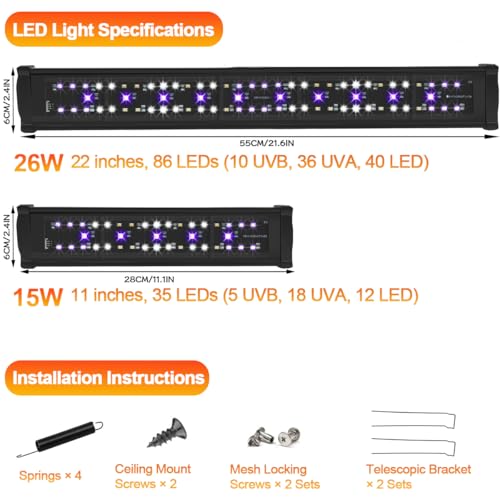 LED UVB Reptile Light with Timer & Dimmer, Adjustable 10.0-20.0 UVA UVB Fixture, Full Spectrum Sunlamp for Bearded Dragons, Turtles, Snakes, Desert & Tropical Habitats, 22-Inch - size: 22 Inch