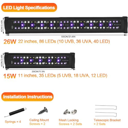 LED UVB Reptile Light with Timer & Dimmer, Adjustable 10.0-20.0 UVA UVB Fixture, Full Spectrum Sunlamp for Bearded Dragons, Turtles, Snakes, Desert & Tropical Habitats, 22-Inch - size: 22 Inch
