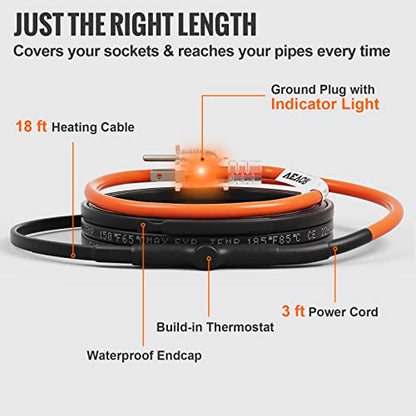 VEVOR Self-Regulating Pipe Heating Cable, 18-feet 5W/ft Heat Tape for Pipes Freeze Protection, Protects PVC Hose, Metal and Plastic Pipe from Freezing, 120V - size: 18 Feet