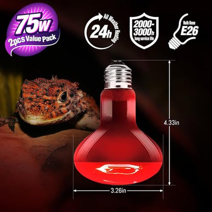 Leoterra 75W Red Infrared Night Heat Lamp Fits 20-40 Gallon Tank (2 Pack)- Thickened Glass 2000+ Hours Long Life for Bearded Dragon,Ball Pythons, Snake, Turtle, E26 110V - style: R8075 Red Night Light