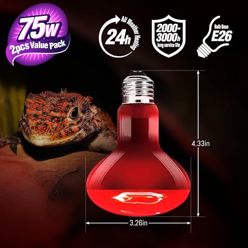 Leoterra 75W Red Infrared Night Heat Lamp Fits 20-40 Gallon Tank (2 Pack)- Thickened Glass 2000+ Hours Long Life for Bearded Dragon,Ball Pythons, Snake, Turtle, E26 110V - style: R8075 Red Night Light