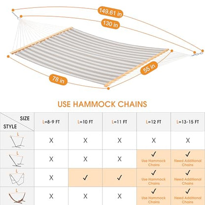 Lazy Daze Double Textliene Quick Dry Hammock with Spreader Bar for Outdoor | 11 Ft Hammock for 2 Person, Weather Resistant Fabric, 450 Lbs Capacity, Hammock Bed 78 x 55 In with Carabiners, Chains - color: Beige White Stripes