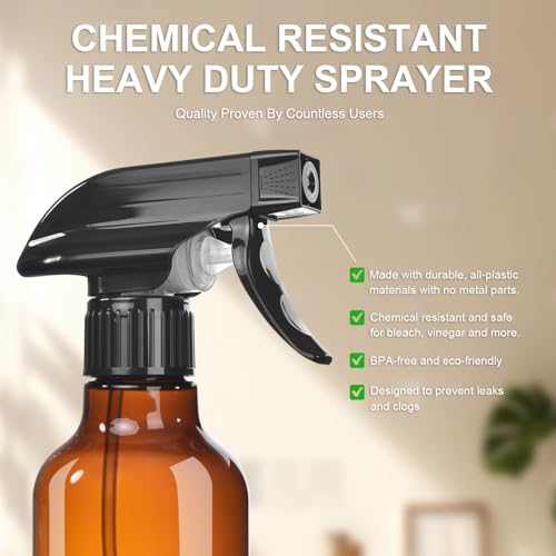 Empty Spray Bottles, Mist & Stream, Heavy Duty Sprayer, 2-Pack 10 Oz, Amber | Chemical-resistant, Leak-Proof, Better Trigger, BPA-free, Measurements, for Cleaning Solutions, Plants, Hair, Essential Oils - style: Amber