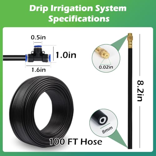Drip Irrigation System Kit 100 FT with 32 Nozzles, 360° Adjustable Bendable Garden Watering Misting System for Greenhouse, Yard, Lawn, Plant, Garden, 5/16 inch Hose (OD: 8mm) - color: 100 ft hose (5/16 in OD, 8mm)