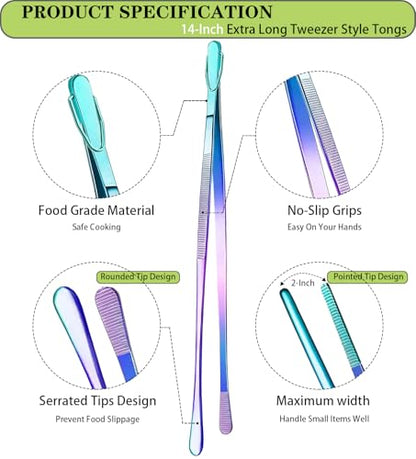 JETKONG 2 Pcs 14-Inch Culinary Tweezers Extra Long Food Tweezers Kitchen Tweezer Tongs for Cooking Grilling and BBQ (Rainbow) - color: Rainbow, size: 14+14 Inch