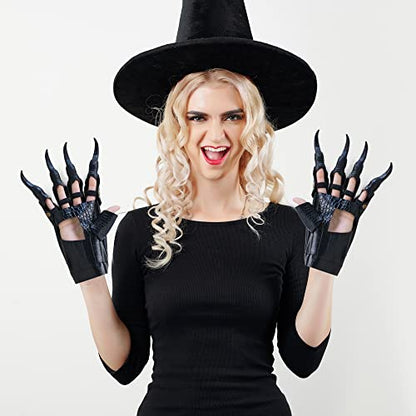Faux Leather Claw Costume Gloves - Black Lizard Skin Scary Animal Gloves