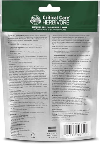 Oxbow Critical Care Herbivore Small Pet Formula, Apple Banana, 141g, 3 Pack | Recovery feeding support, high-fiber timothy hay, for rabbits & guinea pigs, vet recommended emergency nutrition