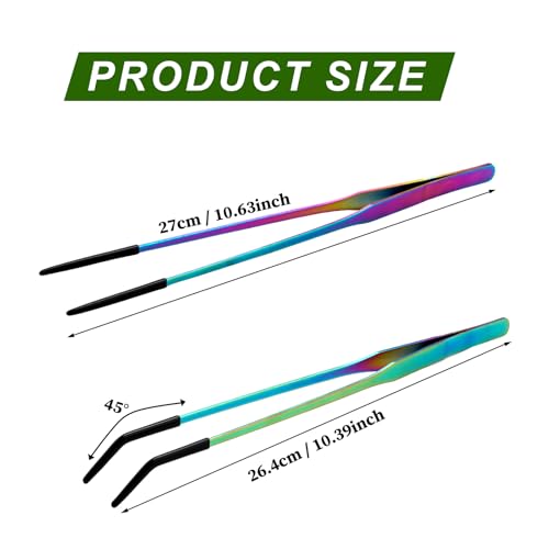 OLIISS Iridescent Reptile Feeding Tongs with Rubber Tips, 10.6", 2 Pack | Straight & Curved, Stainless Steel, Secure Grip, Feeder Tools for Bearded Dragons, Geckos & Lizards, Terrarium Tank Supplies - size: 10.6 Inch
