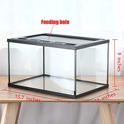 Frogs Glass Terrarium Feeding kit Tank, 15.7×11×9 inches, for Reptile Amphibians, Insect, Horned Frogs, Waterweed Prairie Style Habitat, with Green Artificial Turf Pad, Natural Volcanic Rock | Mesh Top Ventilation, Feeding Port, Lockable Lid, For Small Ho