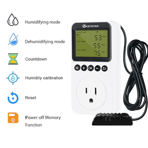 KETOTEK Digital Humidity Controller Outlet Plug with Sensor Probe, 120V Humidistat Controller Plug for Reptile Mushroom Greenhouse, Humidity Switch Outlet