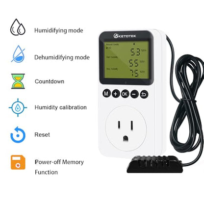 KETOTEK Digital Humidity Controller Outlet Plug with Sensor Probe, 120V Humidistat Controller Plug for Reptile Mushroom Greenhouse, Humidity Switch Outlet