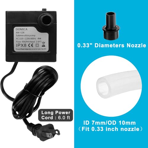 (80GPH 4W) Mini Submersible Water Pump with 2.2FT Tube for Pond, Aquariums, Fish Tank, Hydroponics, Tabletop Fountain, Pet Fountain, Indoor or Outdoor Fountain Pump (AC Powered)