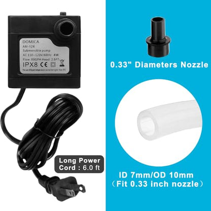 (80GPH 4W) Mini Submersible Water Pump with 2.2FT Tube for Pond, Aquariums, Fish Tank, Hydroponics, Tabletop Fountain, Pet Fountain, Indoor or Outdoor Fountain Pump (AC Powered)