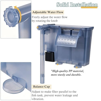 5W Hang-on Aquarium Filter, 124GPH Quiet Fish Tank Filter with Filter Sponge and Activated Carbon, Adjustable Waterfall Filter for 10-25 Gallon Fish Tank