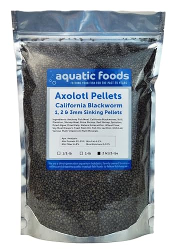 Axolotl Blackworm Pellets. 1mm, 2mm, 3mm Size Mix of Sinking California Blackworm Micro Pellets for All Axolotl, Frogs, Shrimp, Salamanders, Newts, Snails…2 & 1/2-lbs Pouch Bag - size: 1.88 Pound (Pack of 1)