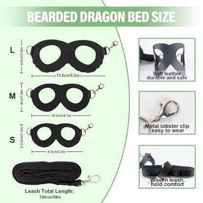 Bearded Dragon Soft Bed with 3Pcs Reptiles Harness and Leash Set, Reptile Washable Canvas Fabric Sleep Mat with Suction Cup for Travel Carrier for Lizard Leopard Gecko (Black)