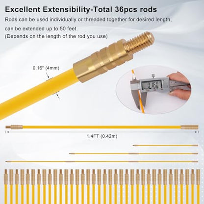 50FT Fiberglass Wire Running Kit, Cable Running Rods with 4 Attachments | Fiberglass Electrical Wire Running Rods, 50FT Non-Conductive Pulling Kit with 4 Interchangeable Heads, Carrying Case - size: 50FT-36 Rods
