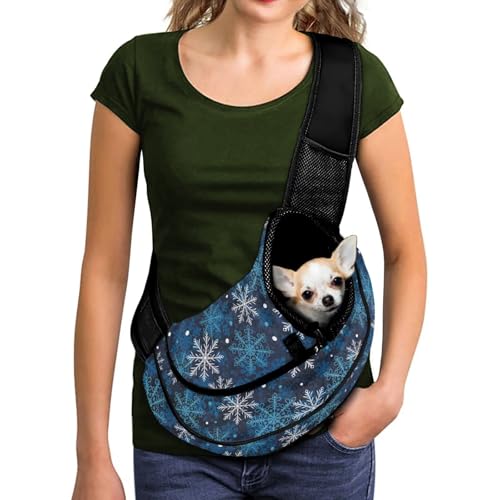 COEQINE Dog Sling Carrier for Small Dogs and Cats Large Capacity Crossbody Purse Blue Christmas Snowflak Print Sling Handbag with Zipper and Adjustable Shoulder Strap - color: Blue Xmas Snowflake