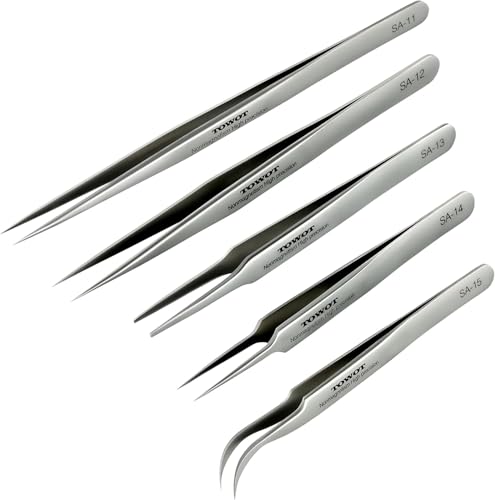 TOWOT Precision Tweezers, 5 PCS Stainless Steel, Non-Magnetic, Heat Resistant, Curved, Jewelry, Electronics, Craft, Soldering, Experimental Work - size: 140mm,135mm,120mm,110mm,116mm