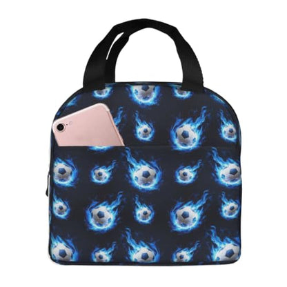 Women Flame Soccer Print Insulated Lunch Box Leakproof | Blue Flame Soccer Ball, Neoprene Thermal Cooler Bag, Padded Handle, Compact Tote for Commute & Travel - color: Pattern (850)