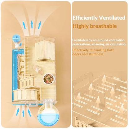 Cycodo 8 in 1 Acrylic Hamster Cage,2-Tier Dwarf Hamster Cage with Wooden Wheel & Hideout,Small Hamster Habitat with Accessories,Clear Pet Mice House(Blue,14" L*10" W*11" H) - color: Blue