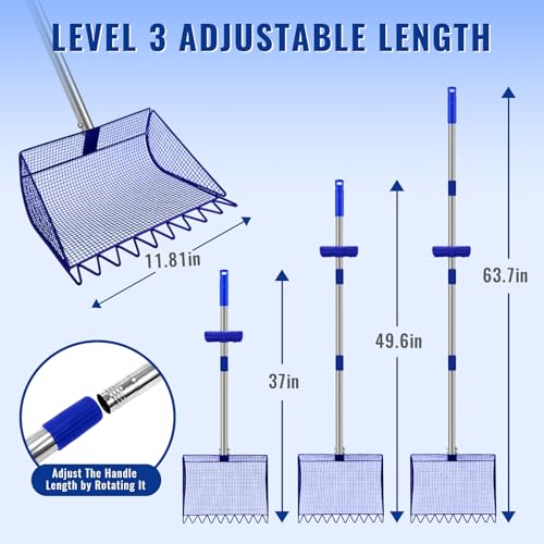 2-in-1 Chicken Coop Scooper: Extra Large 12” Poop Scooper & Rake with Adjustable Handle (37”-65”) | Heavy-Duty Metal Shovel for Quick Pet Waste, Rabbit, Guinea, Barn Cleaning | US Patent Pending, Blue - color: Blue
