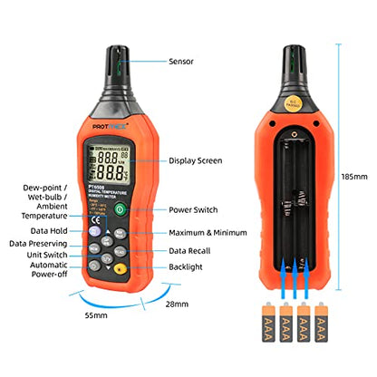PT6508 Temperature Humidity Meter - Wet Bulb for Indoor/Outdoor | Digital Thermometer Hygrometer Monitor with Ambient, Dew Point, MIN, MAX, Data Hold, LCD Backlight - size: PT6508