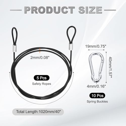 PATIKIL 40 Inch Safety Cable Lock, 5 Pcs 304 Stainless Steel Security Wire Ropes Double Loop Anti-Theft Safety with 10 Spring Buckles for Bicycles Luggage Stage Lighting, Black - color: Black, size: 40 Inch