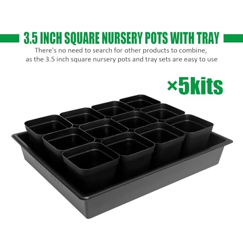 RooTrimmer 3.5 inch (9CM) Square Nursery Pots 60pcs, Sturdy Seedlings Trays 5 Pcs, Seeds Starter Germination Tray, Microgreenings Planter Nursery Propagation 5 Sets - size: 3.5" Pots-60P + 16.2" x 13.2" x 2.6" Trays-5P