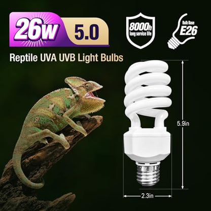 Leoterra 26W 5.0 Reptile UVB Light Bulb, Tropical UVA/UVB Full Spectrum Lamp for Green Anoles, Blue-Tongued Skinks & Leopard Geckos Large Terrarium, Last Long and Stable Output(E26 110V) - size: 26w 5.0