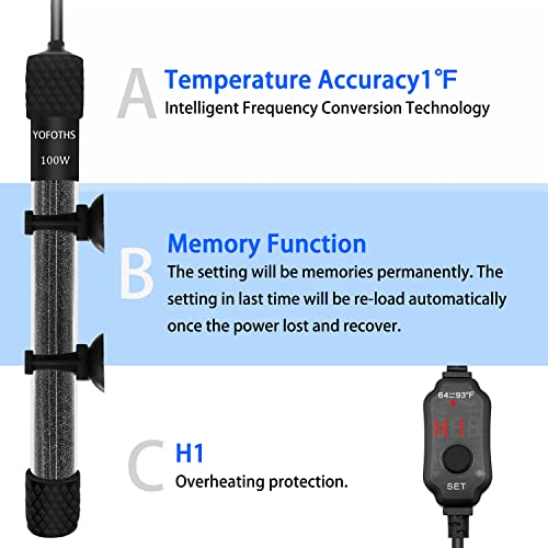 YOFOTHS Adjustable Mini Aquarium Heater, 100W for Tanks 10-20 Gallons | Submersible, Small Fish Tank, Digital Display Thermostat, External Temperature Controller - size: 100W