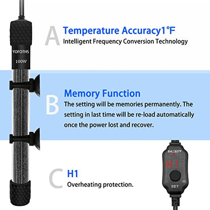 YOFOTHS Adjustable Mini Aquarium Heater, 100W for Tanks 10-20 Gallons | Submersible, Small Fish Tank, Digital Display Thermostat, External Temperature Controller - size: 100W