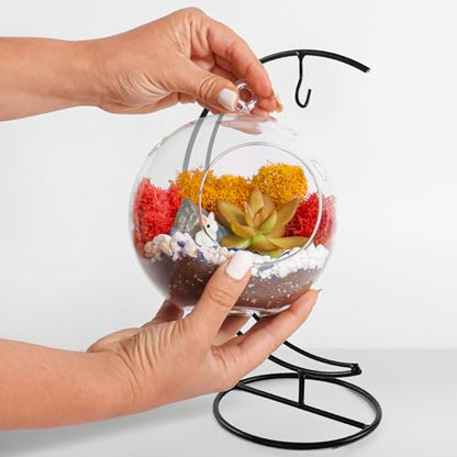 Creations by Nathalie - 5" Glass Globe Succulent Terrarium Kit, Hanging DIY Starter Kit for Kids and Adult, Metal Stand, Reindeer Moss, Crystal & Rocks, Tools, Figurine (Live Plant Included) - color: Globe Glass
