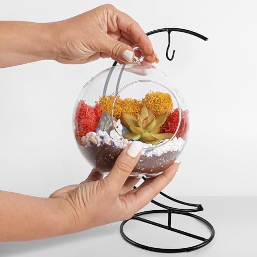 Creations by Nathalie - 5" Glass Globe Succulent Terrarium Kit, Hanging DIY Starter Kit for Kids and Adult, Metal Stand, Reindeer Moss, Crystal & Rocks, Tools, Figurine (Live Plant Included) - color: Globe Glass