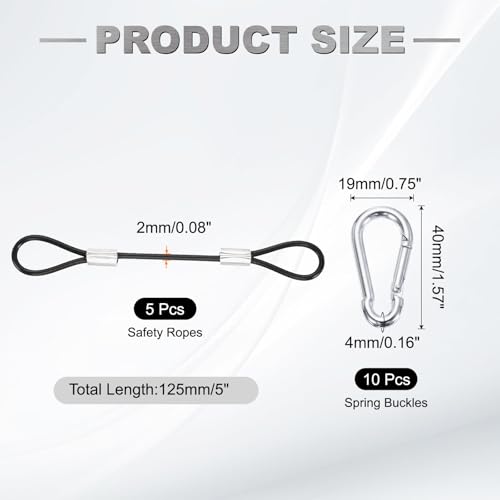 PATIKIL 5 Inch Safety Cable Lock, 5 Pcs 304 Stainless Steel Security Wire Ropes Double Loop Anti-Theft Safety with 10 Spring Buckles for Bicycles Luggage Stage Lighting, Black - color: Black, size: 5 Inch