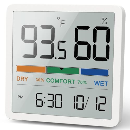 Digital Hygrometer Indoor Thermometer, Humidity Monitor with Calibration | Digital Temperature & Humidity Gauge, Clear LCD Display with Clock, Comfort Indicator for Home, Bedroom, Nursery & Office - color: White, size: 1 Pack