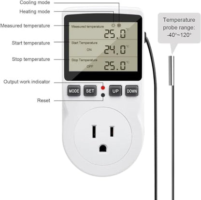 Diymore 1800W Plug in Thermostat Temperature Controller Electric Digital RV Thermostats Heating Cooling Control Mode Timer White 120V 15A Digital Temperature Controller Thermostat Timer LCD Display - color: Temperature Controller